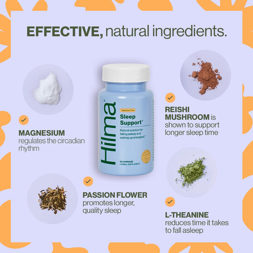 Hilma Sleep Aid ingredients magnesium and L-Theanine support gentle sleep onset.