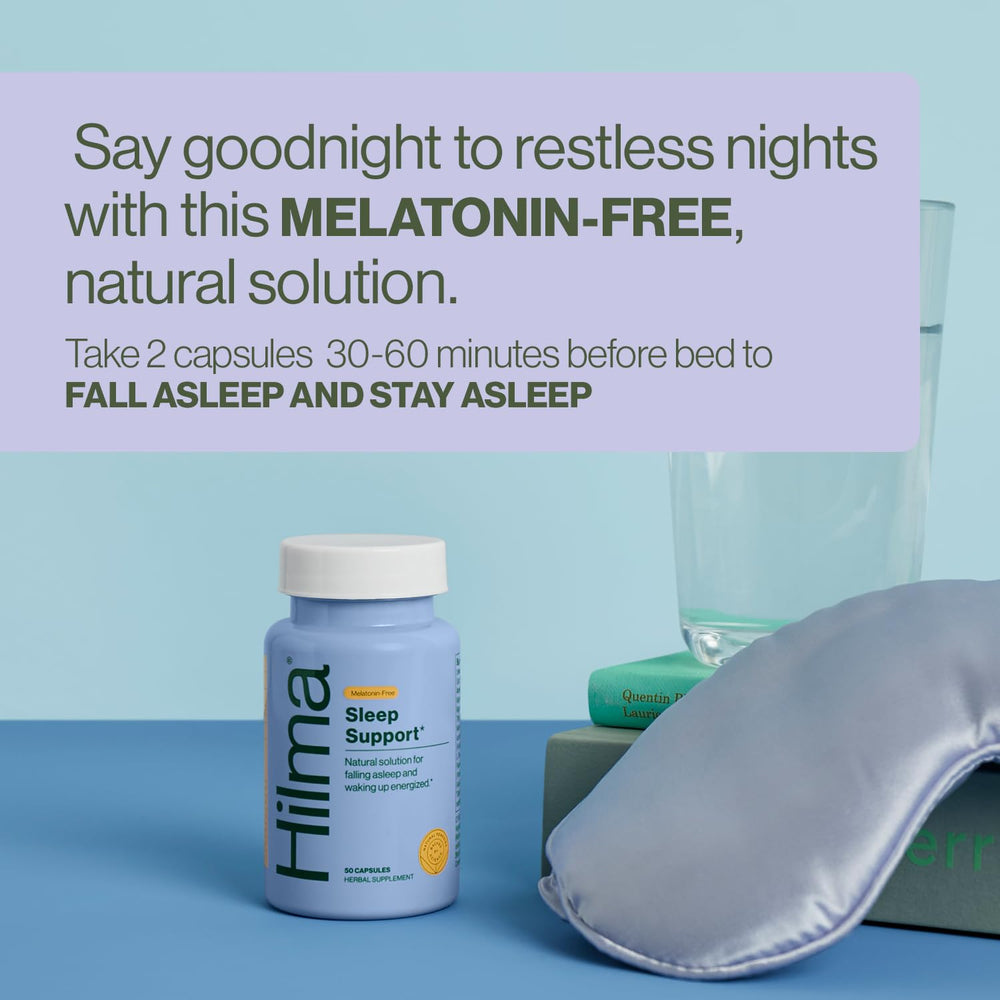 Hilma Sleep Aid label closeup highlights vegan, melatonin-free formula.