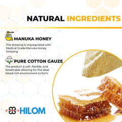 Close-up of Hilom Manuka Honey Gauze Dressing 2x2 showing non-adherent texture for painless changes.