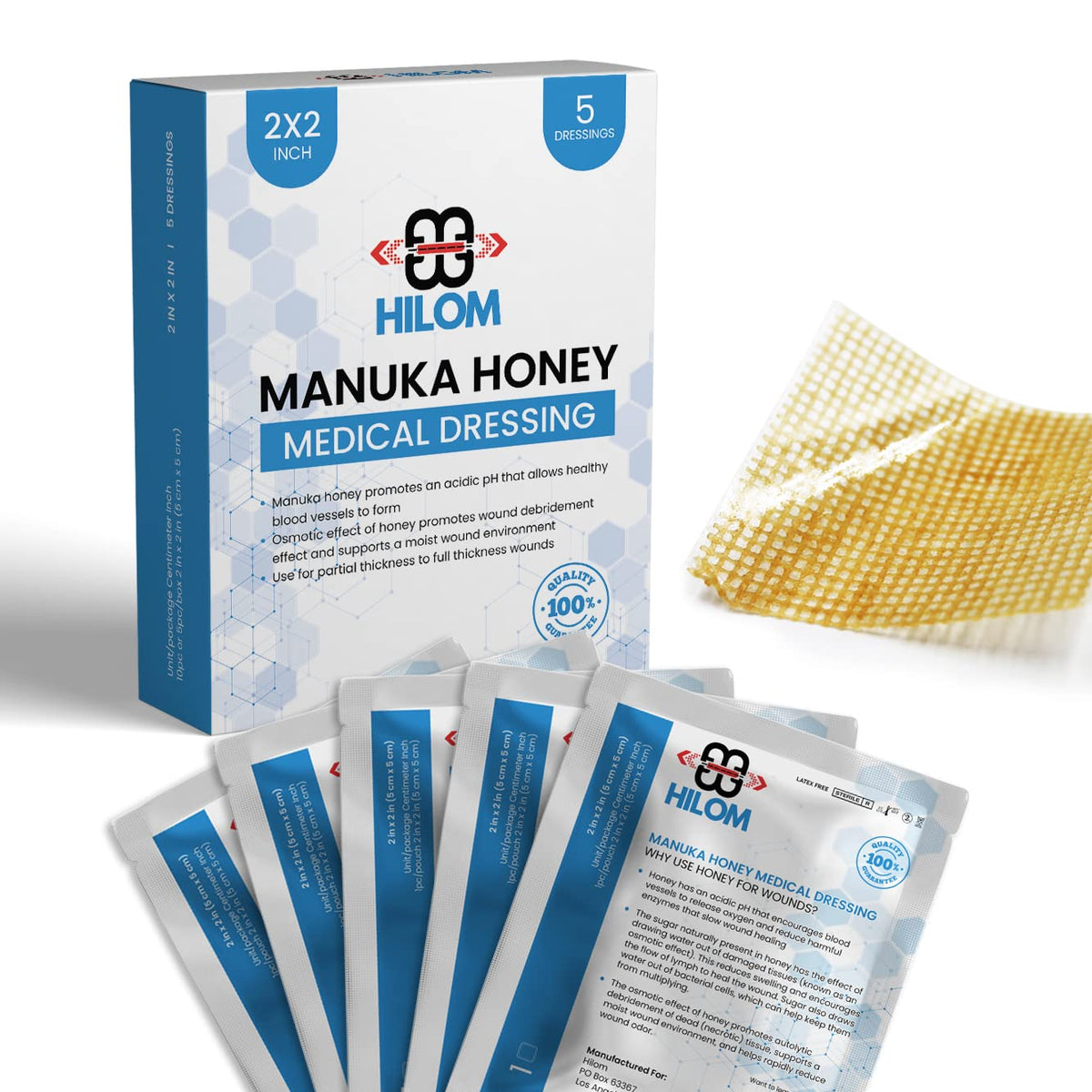 Hilom Manuka Honey Gauze Dressing 2x2 packaging for convenient home use.