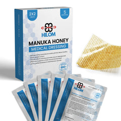 Hilom Manuka Honey Gauze Dressing 2x2 packaging for convenient home use.
