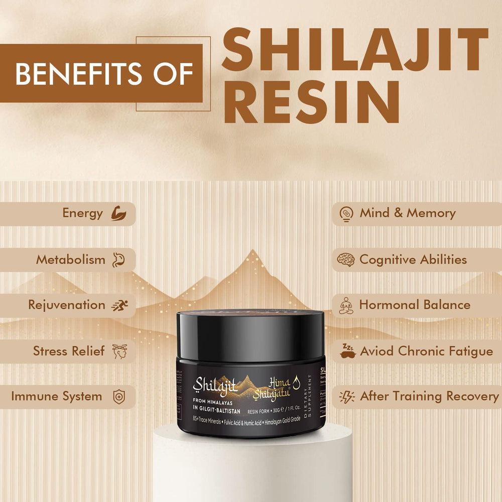 Hima Shilajatu resin image emphasizing 85+ trace minerals for balanced wellness.