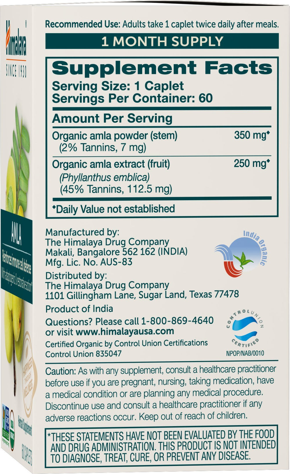 Himalaya Amla caplets close-up showing two-caplet daily serving for potency