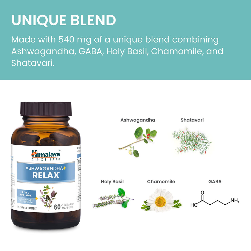 Himalaya Ashwagandha+ Relax Holy Basil leaves illustrate natural stress support