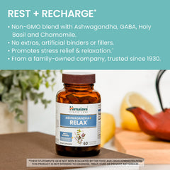 Himalaya Ashwagandha+ Relax label background showcases GABA and botanicals