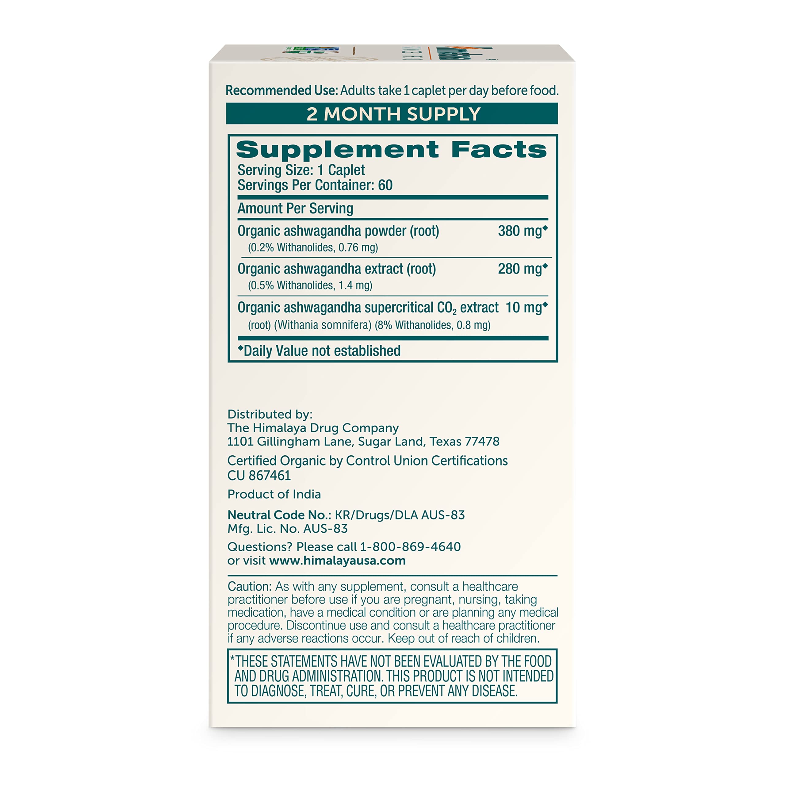 Himalaya Ashwagandha root bottle closeup highlighting organic, non-GMO caplets.