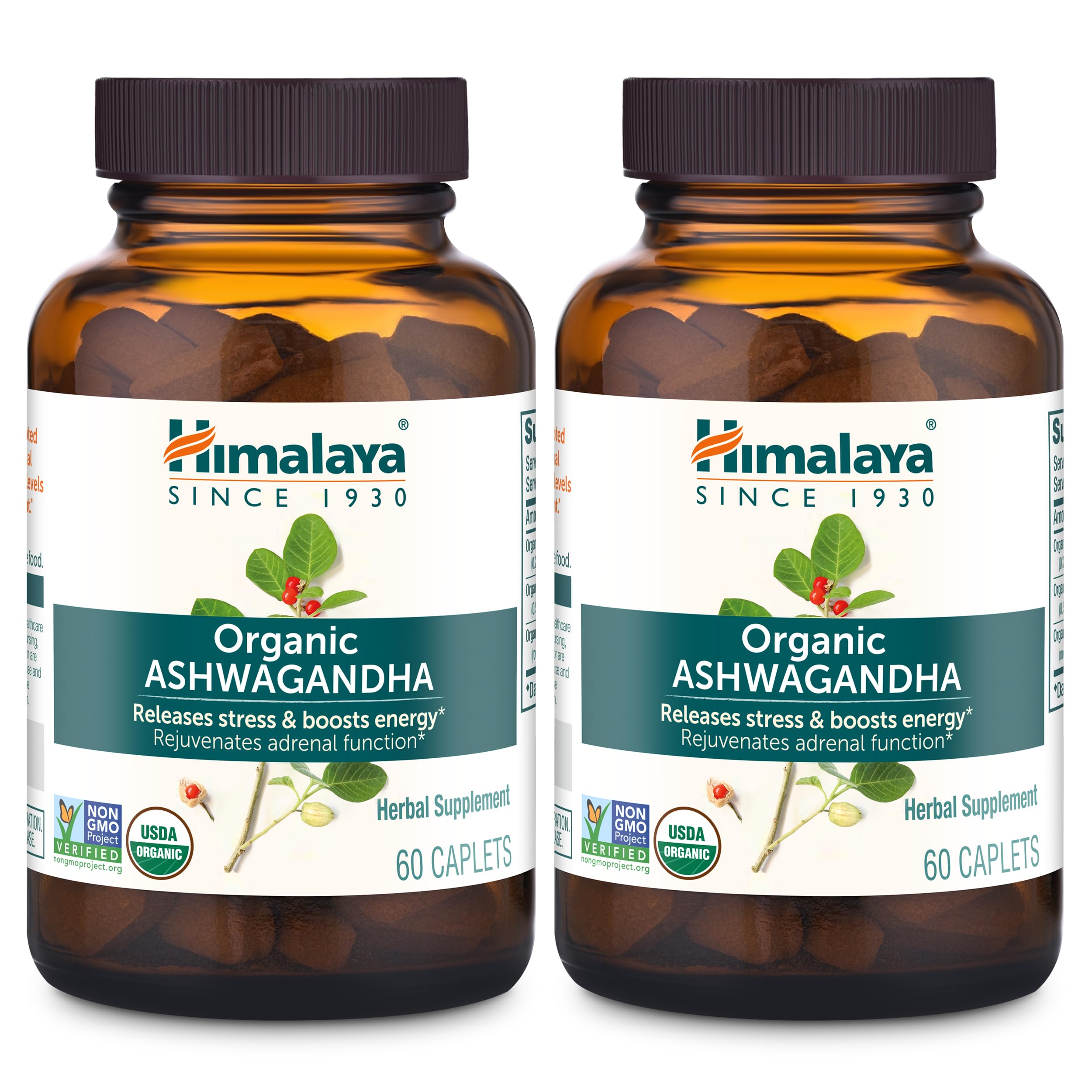 Himalaya Ashwagandha root caplets in bottle for daily stress support.