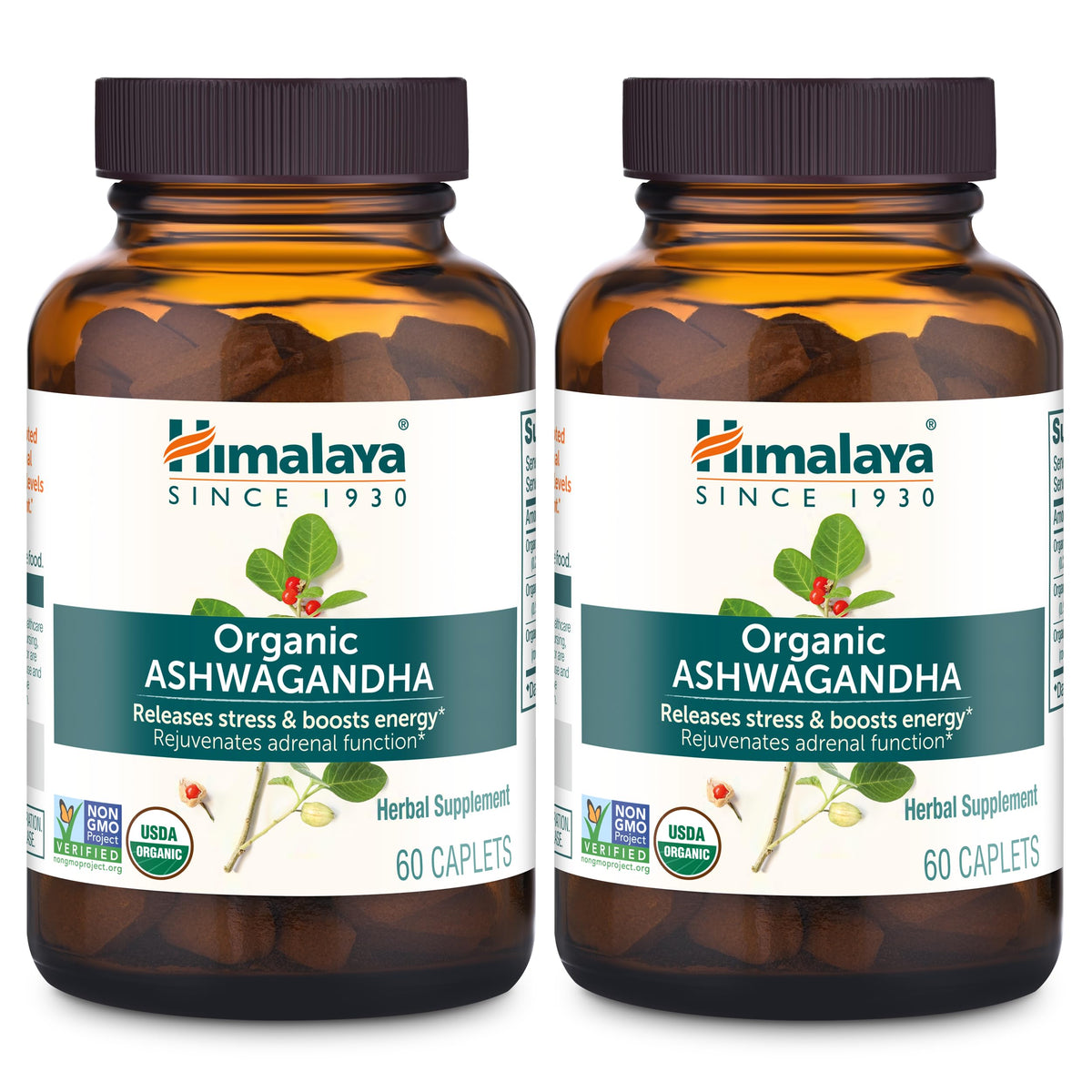 Himalaya Ashwagandha root caplets in bottle for daily stress support.