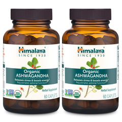 Himalaya Ashwagandha root caplets in bottle for daily stress support.