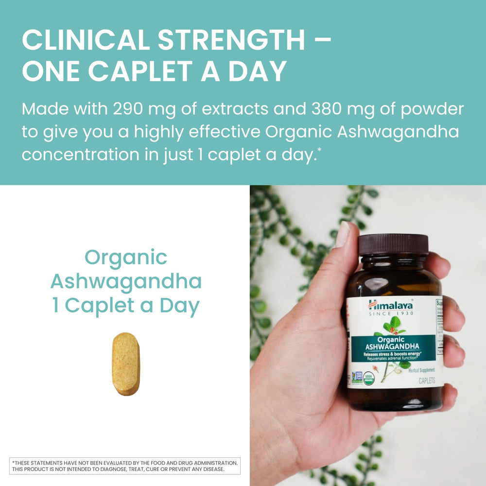 Himalaya Ashwagandha root no-additives badge communicates clean, plant-based capsules.