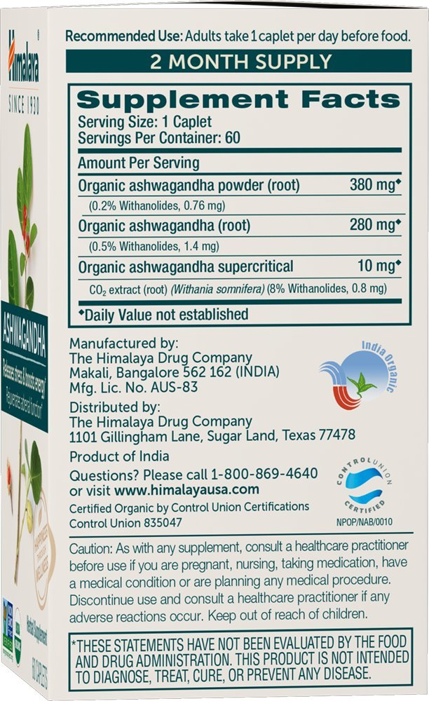 Himalaya Ashwagandha root powder label shows organic vegan formula.