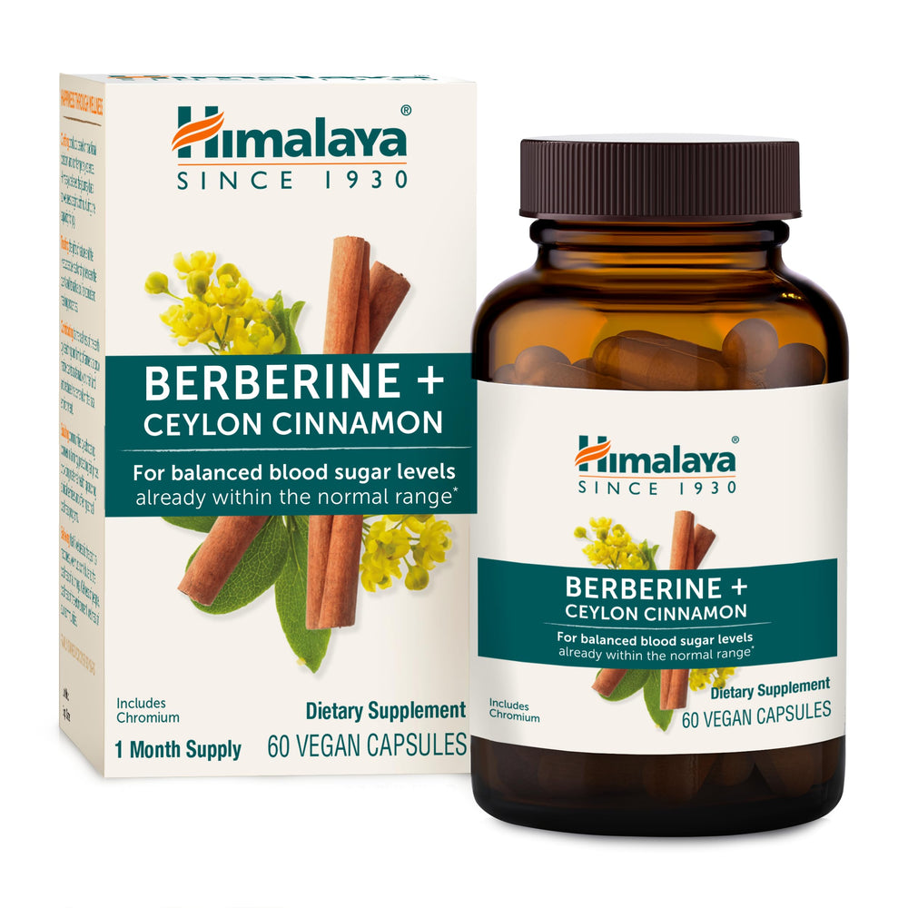 Himalaya Berberine Cinnamon bottle with capsules for digestive balance and immune support.