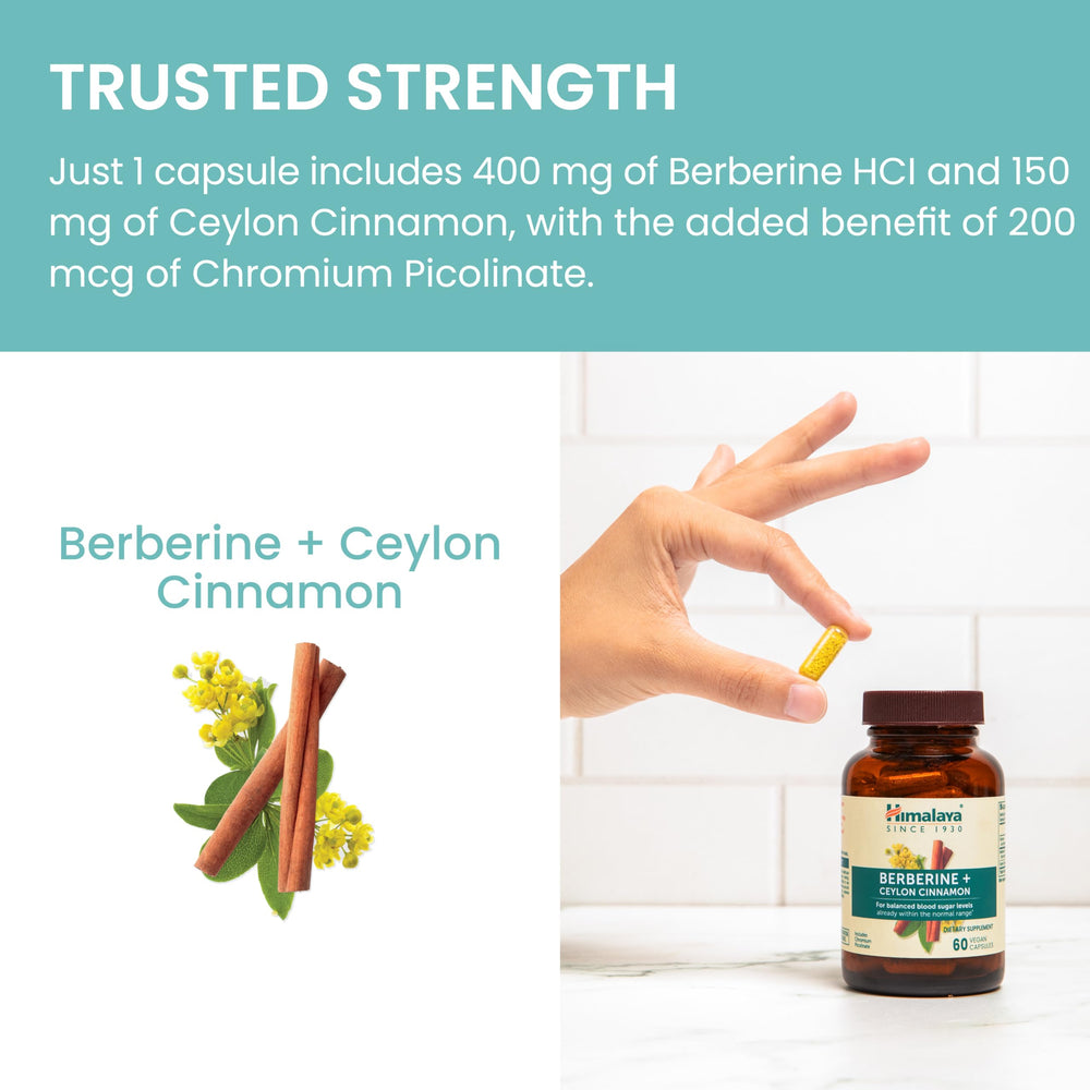 Himalaya Berberine Cinnamon glass jar on kitchen counter signaling wellness routine.