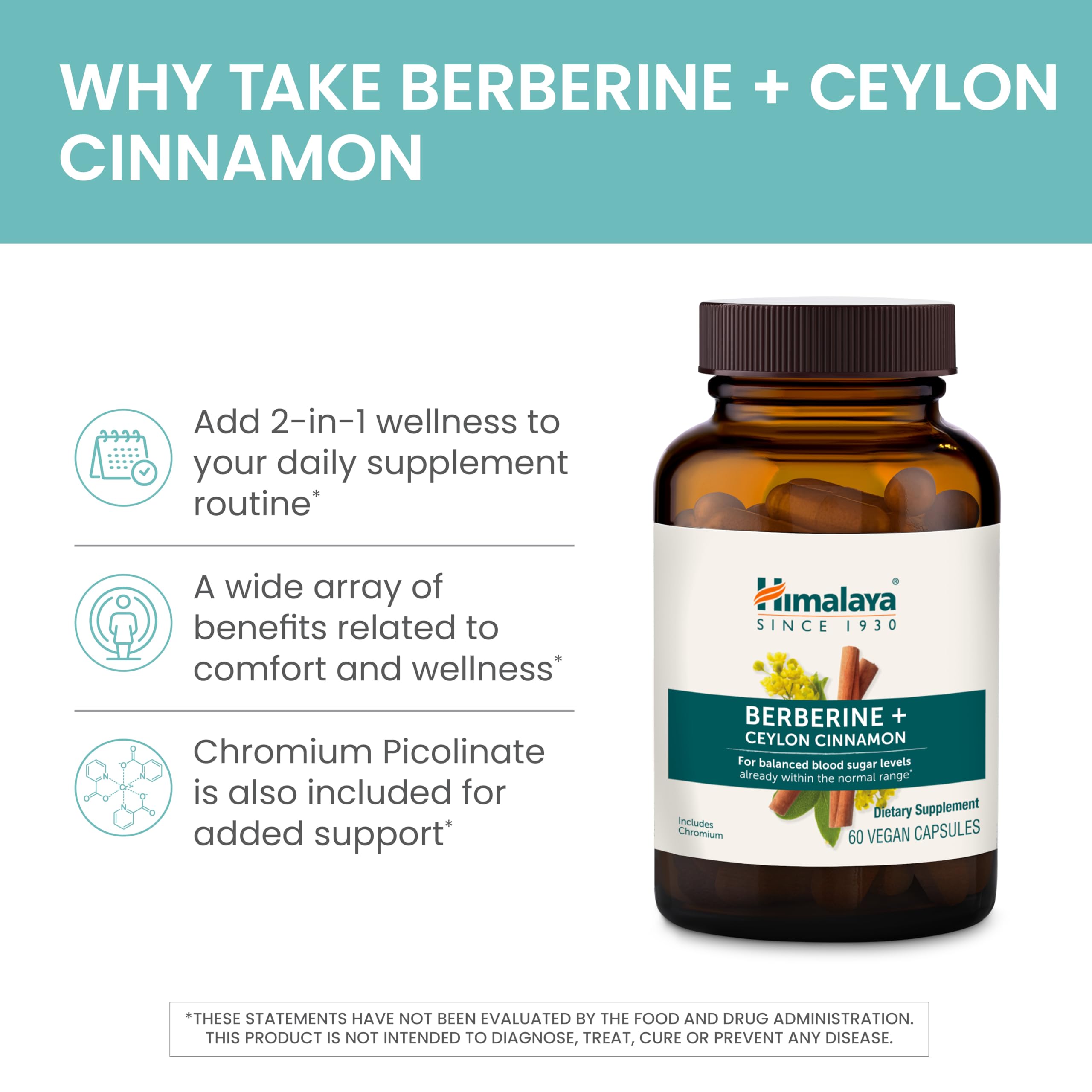 Himalaya Berberine Cinnamon ingredient label showing barberry root and cinnamon blend.