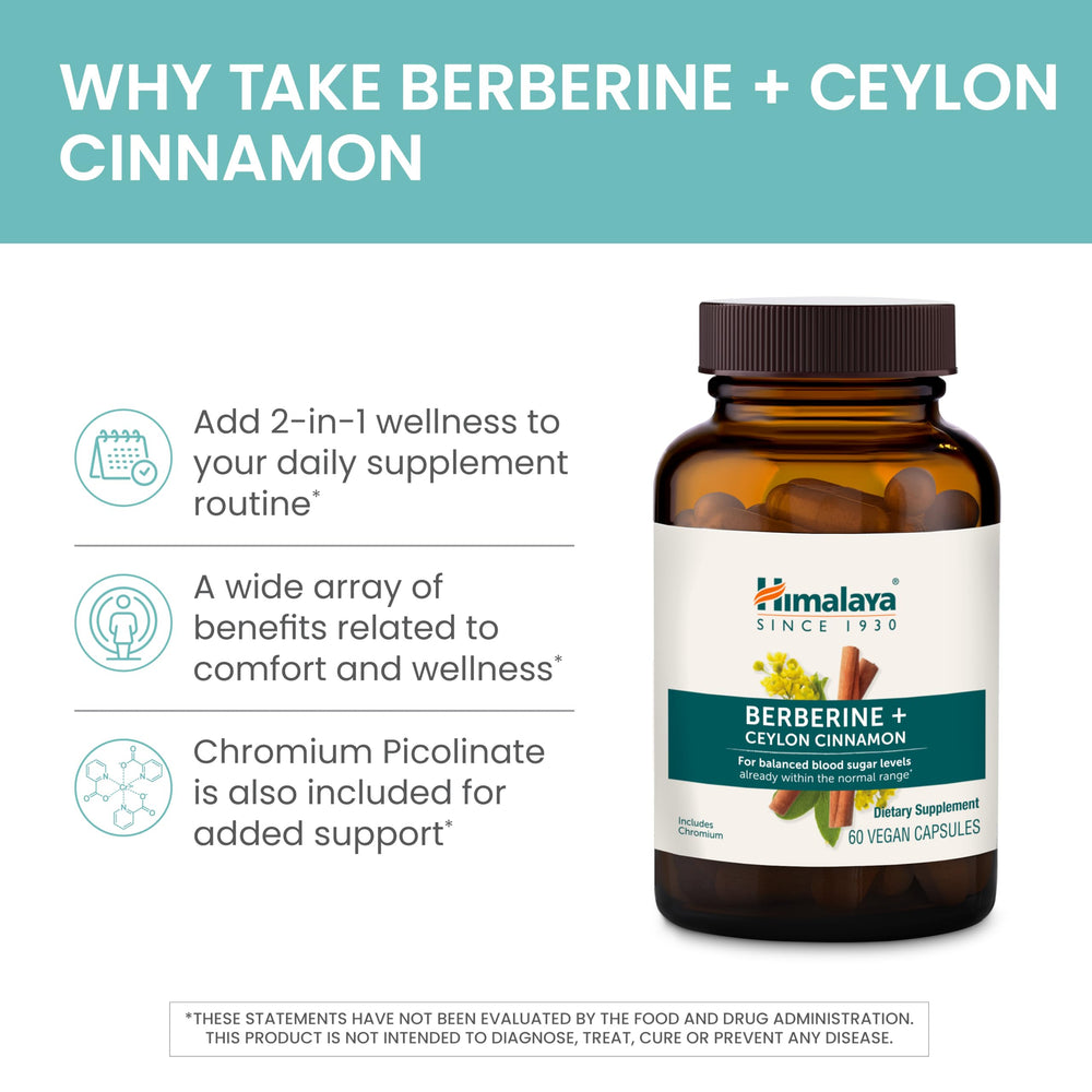 Himalaya Berberine Cinnamon ingredient label showing barberry root and cinnamon blend.