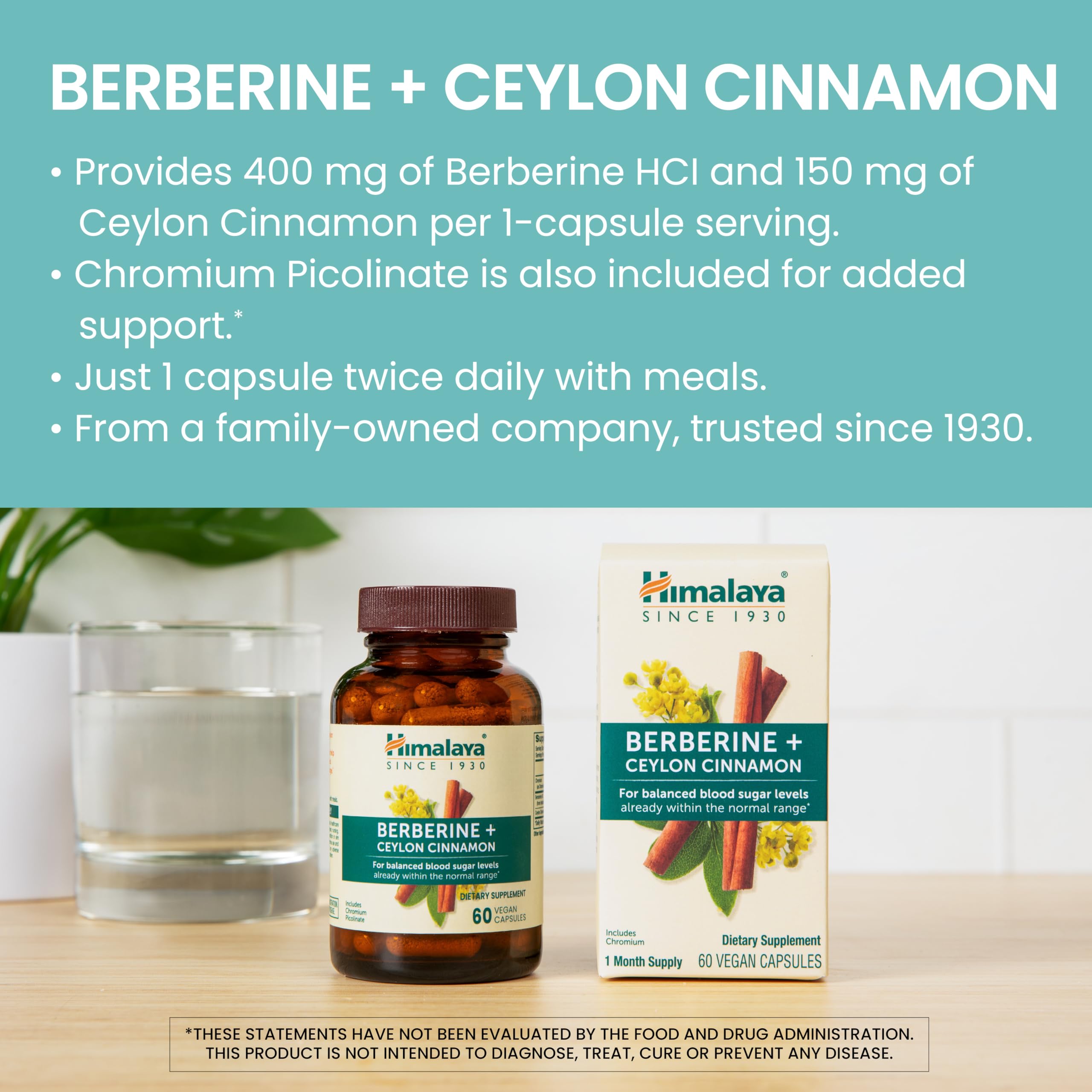 Himalaya Berberine Cinnamon packaging front, vegan and gluten-free wellness option.