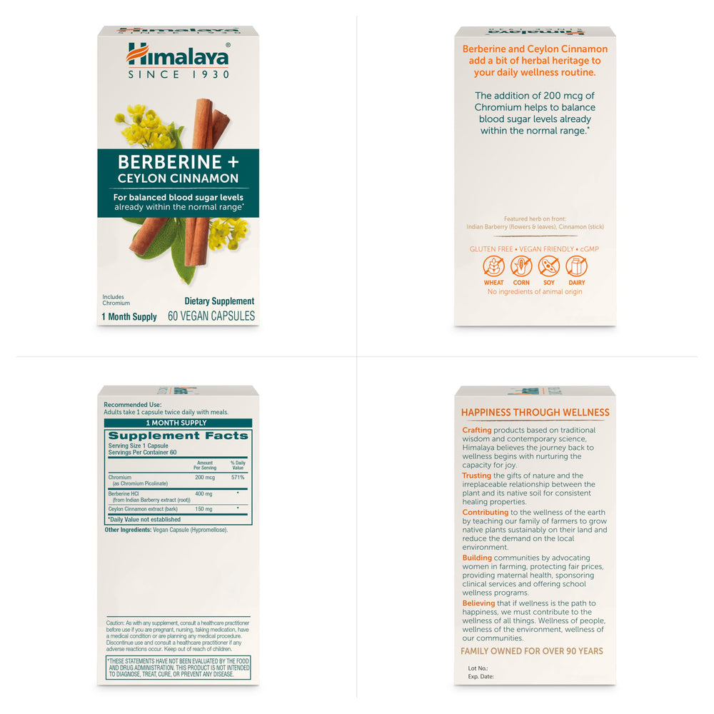 Himalaya Berberine Cinnamon capsules with vibrant color indicating premium herbal blend.