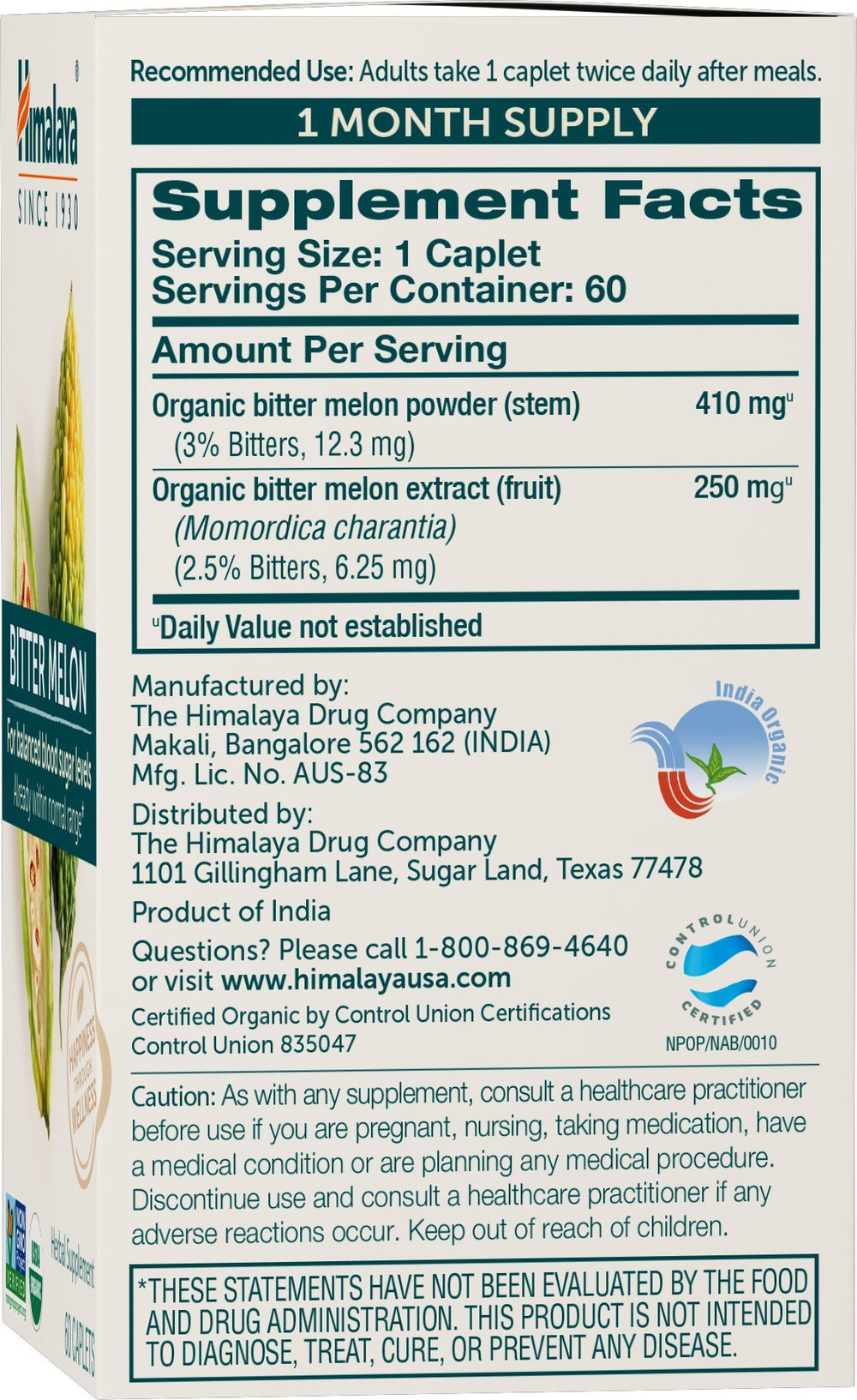 Himalaya Bitter Melon caplets 60-count pack highlighting gluten-free, non-GMO formula