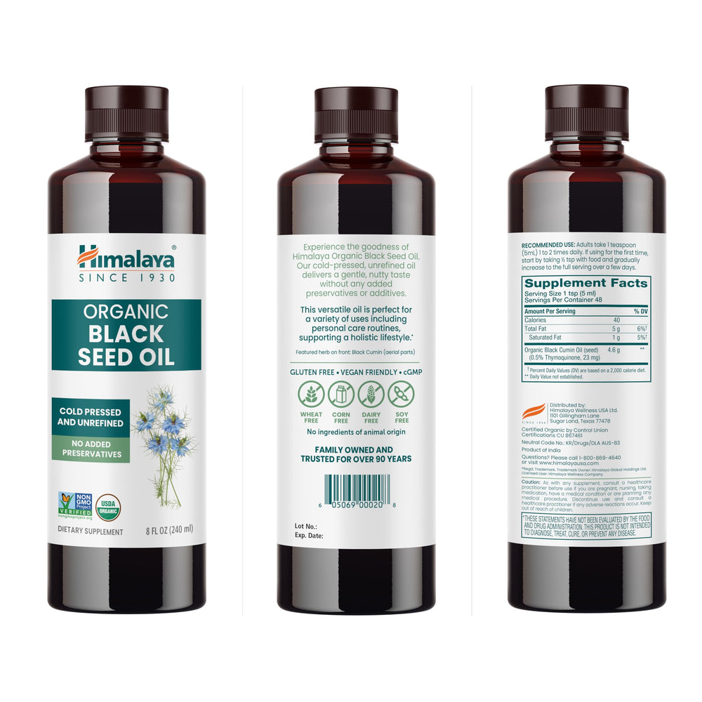 Himalaya Black Seed Oil on kitchen counter suggests simple uses