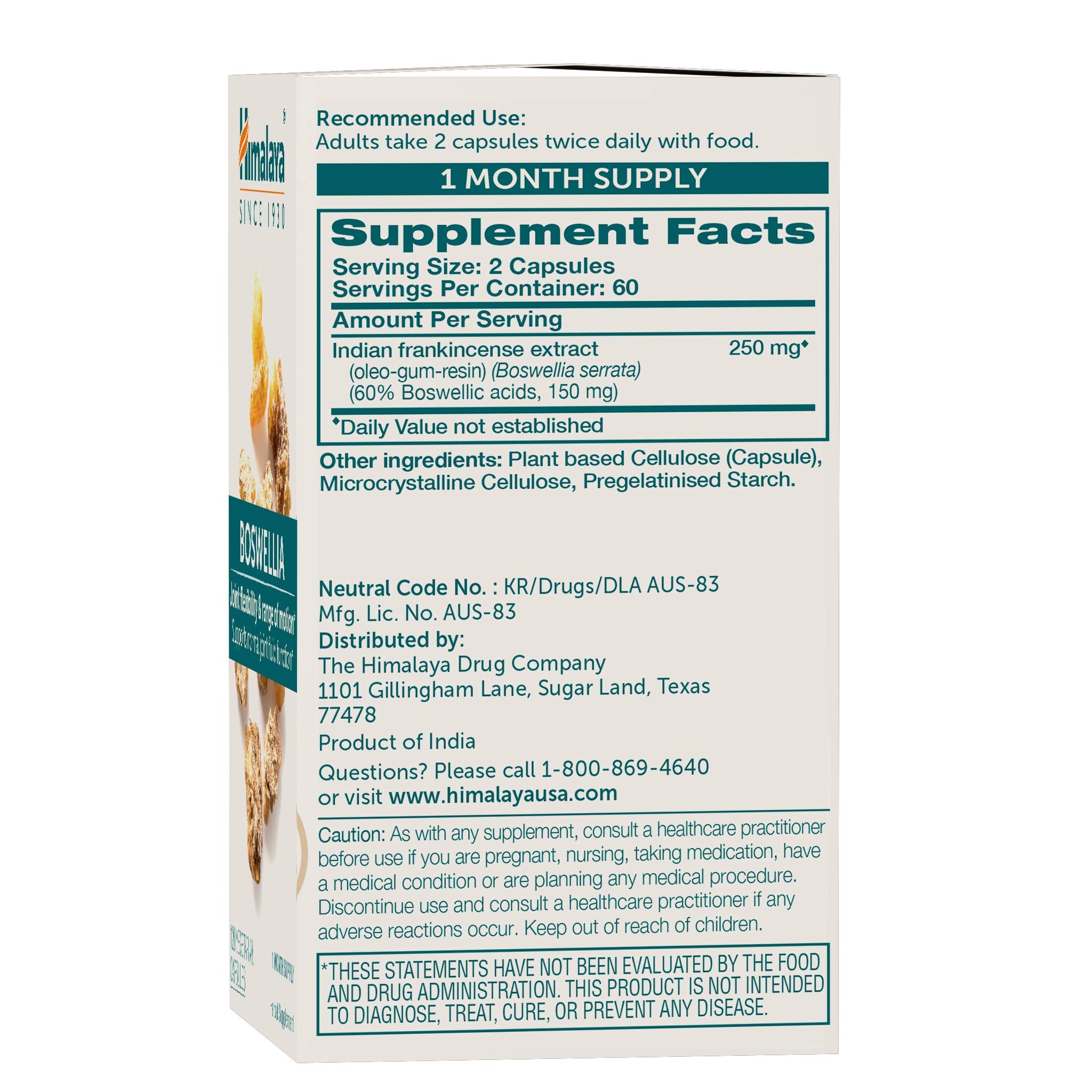 Himalaya Boswellia capsule-closeup highlighting 250 mg potency.