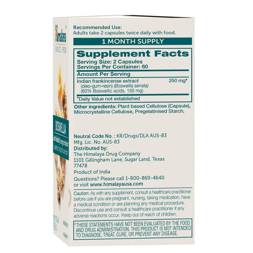 Himalaya Boswellia capsule-closeup highlighting 250 mg potency.