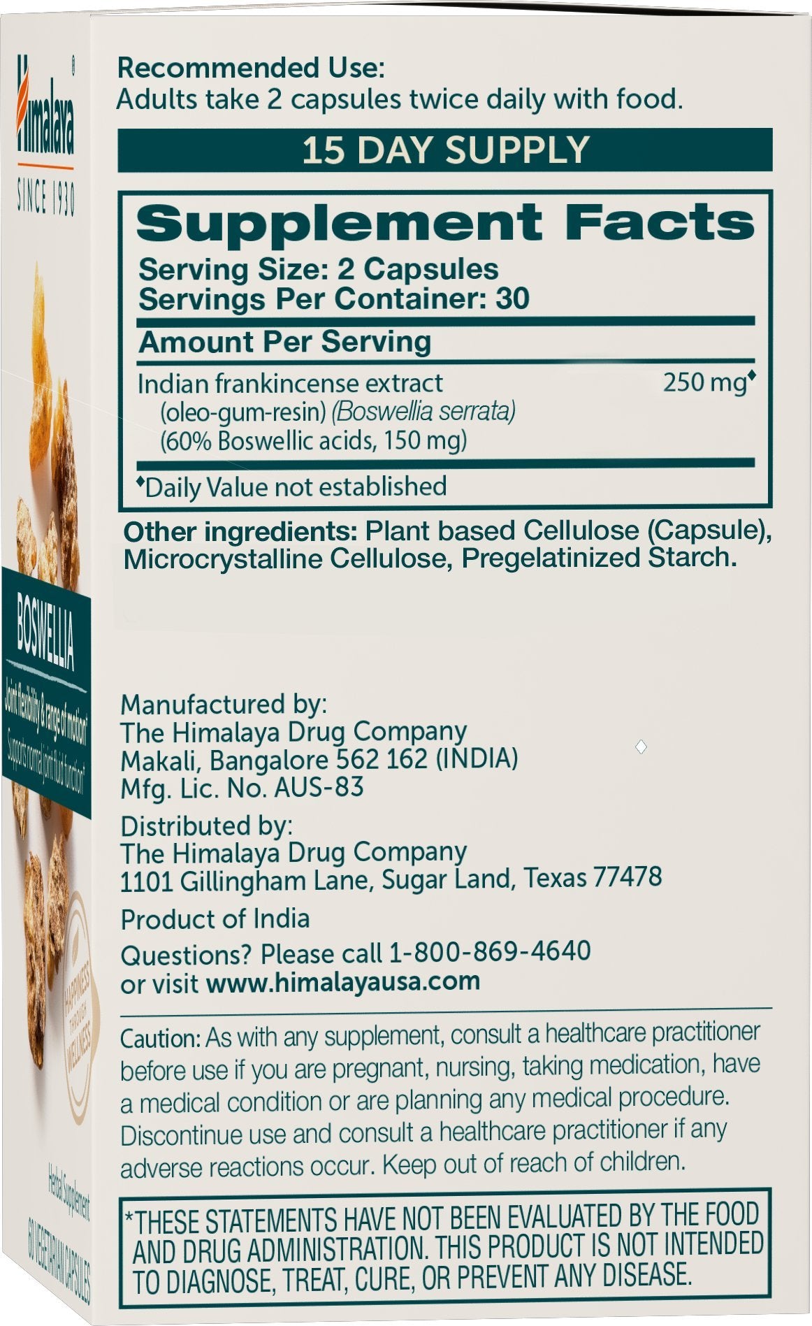 Himalaya Boswellia capsules close-up showing 250 mg per serving for flexibility