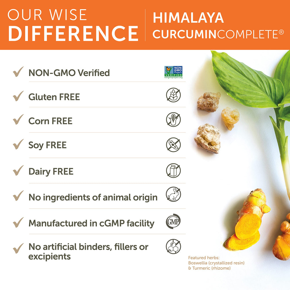 Himalaya Curcumin Complete packaging box highlights vegan, non-GMO, gluten-free Ayurvedic blend