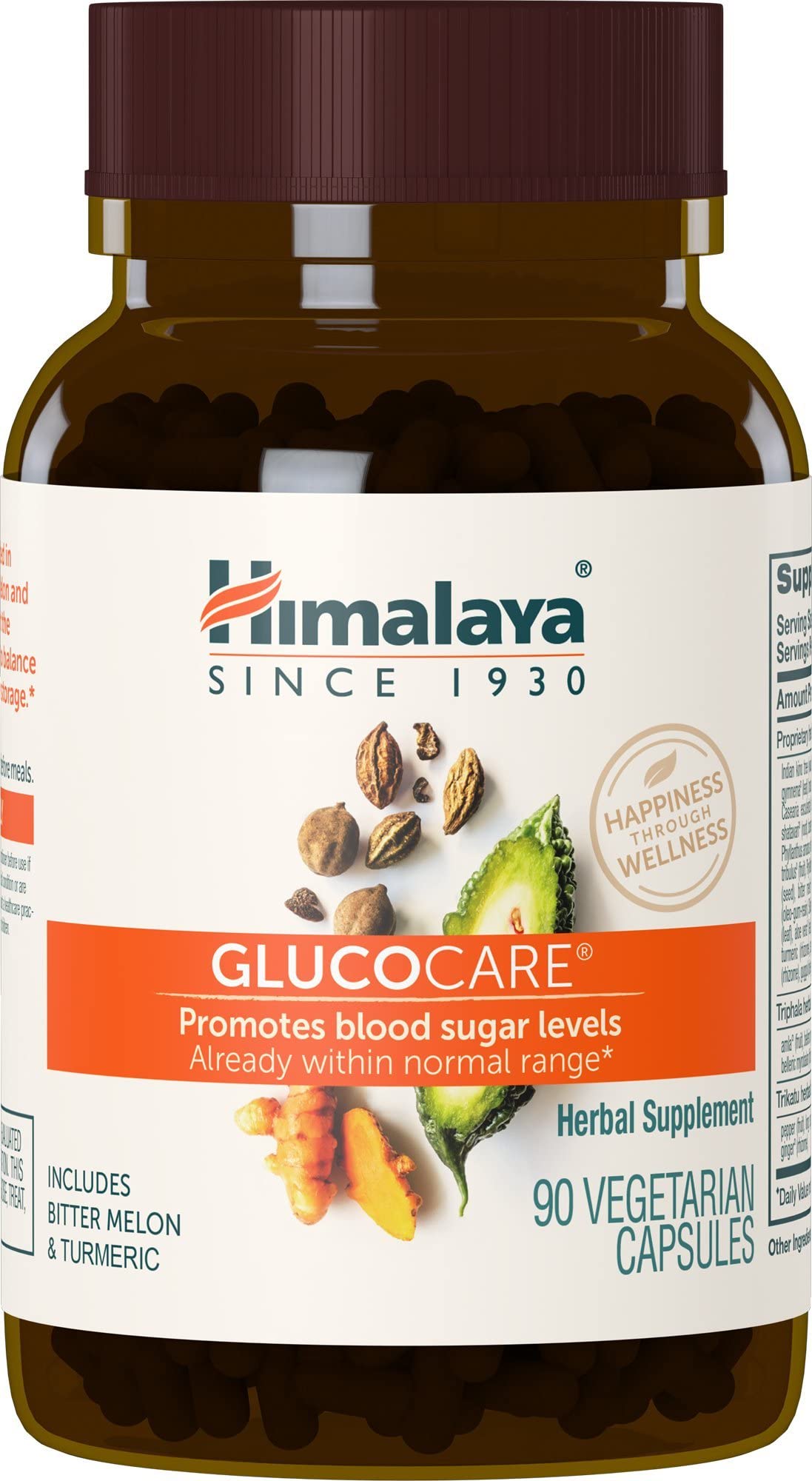 Himalaya GlucoCare bottle close-up highlighting the herbal blend for balanced blood sugar support.