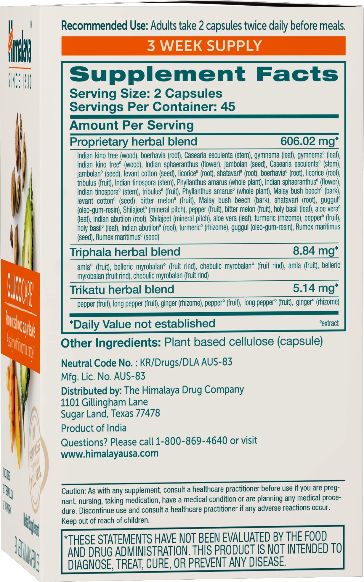 Himalaya GlucoCare capsules displayed to emphasize vegan, non-GMO formulation.