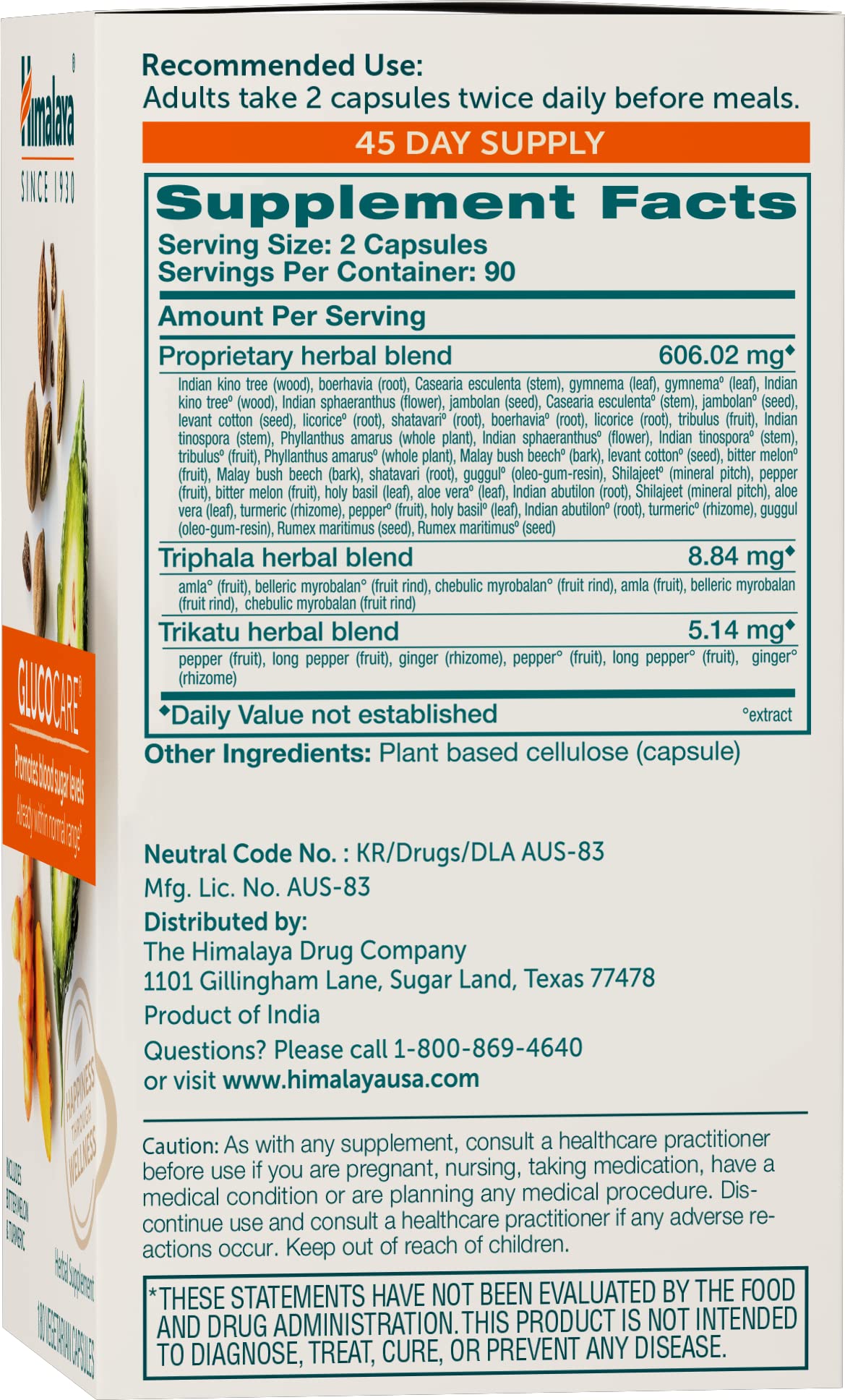 Himalaya GlucoCare capsules closeup showing vegan and gluten-free formulation for daily use.