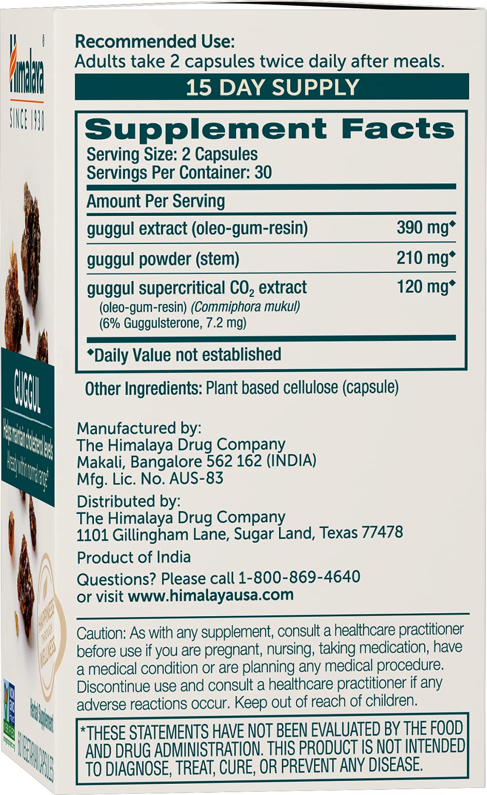 Himalaya Guggul capsules close-up shows 720 mg per serving for triglyceride balance.