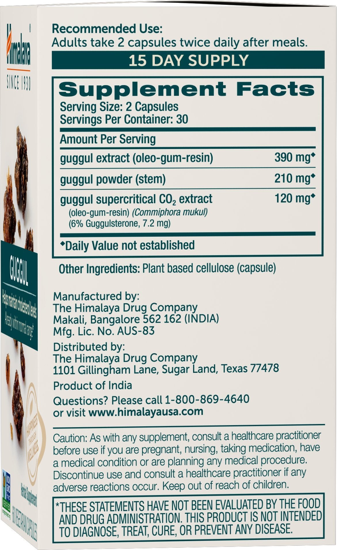 Himalaya Guggul capsules outside label showcases plant-based formula