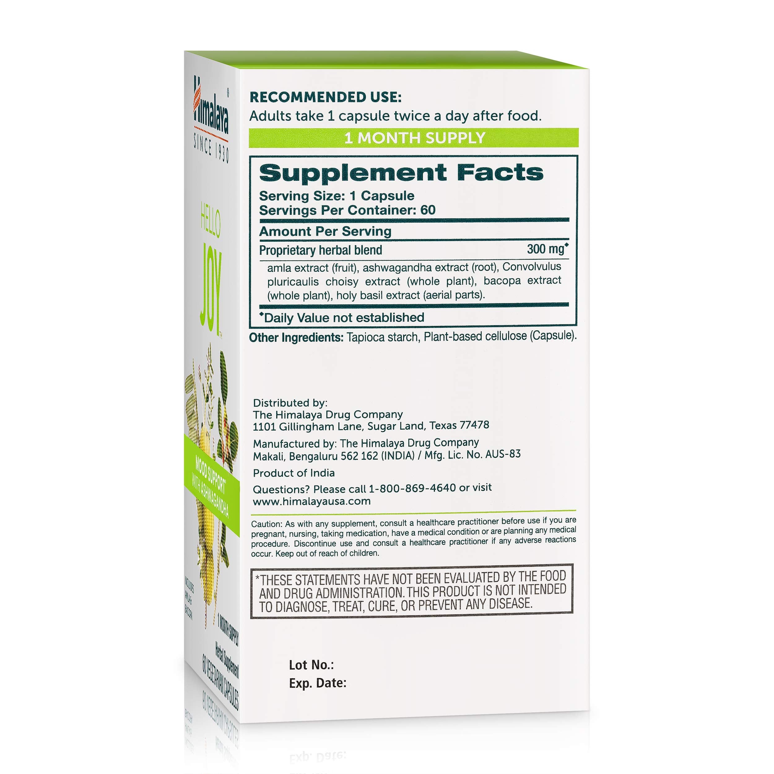Himalaya Hello Joy herbal blend with Ashwagandha and Bacopa shows dried herbs.
