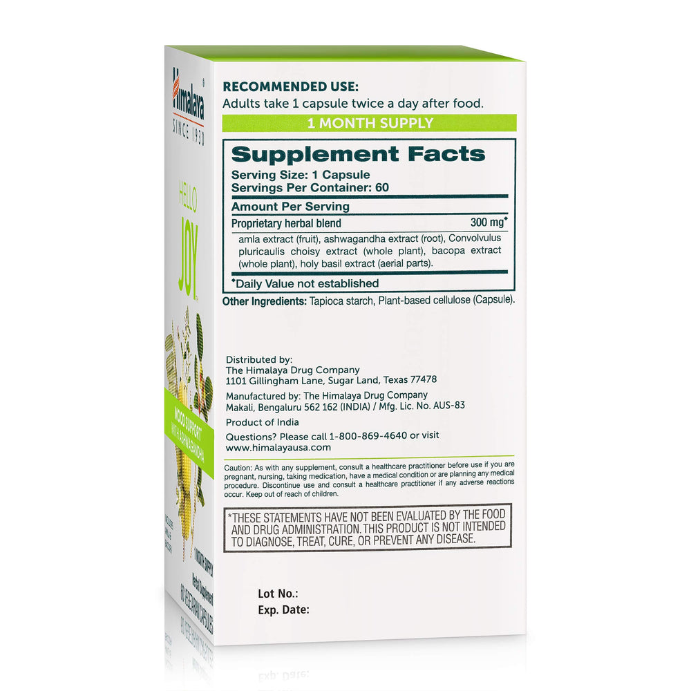 Himalaya Hello Joy herbal blend with Ashwagandha and Bacopa shows dried herbs.