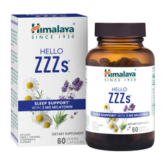 Himalaya Hello ZZZs bottle close-up showing herbal sleep support for nightly rest.