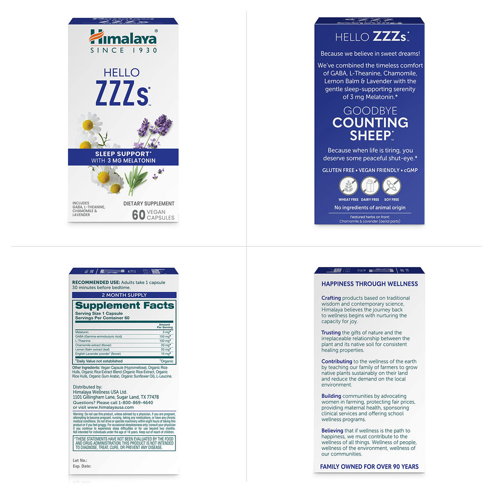 Himalaya Hello ZZZs heritage packaging reflects family-owned Ayurvedic sleep care.