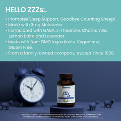Himalaya Hello ZZZs ingredients list highlights melatonin and botanicals for sleep.