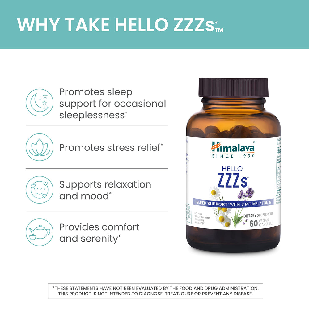 Himalaya Hello ZZZs melatonin dosage on label for targeted sleep support.