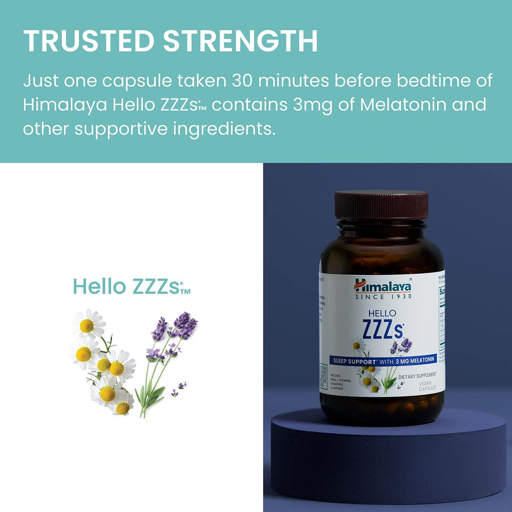 Himalaya Hello ZZZs vegan non-GMO gluten-free badge supports dietary compatibility.
