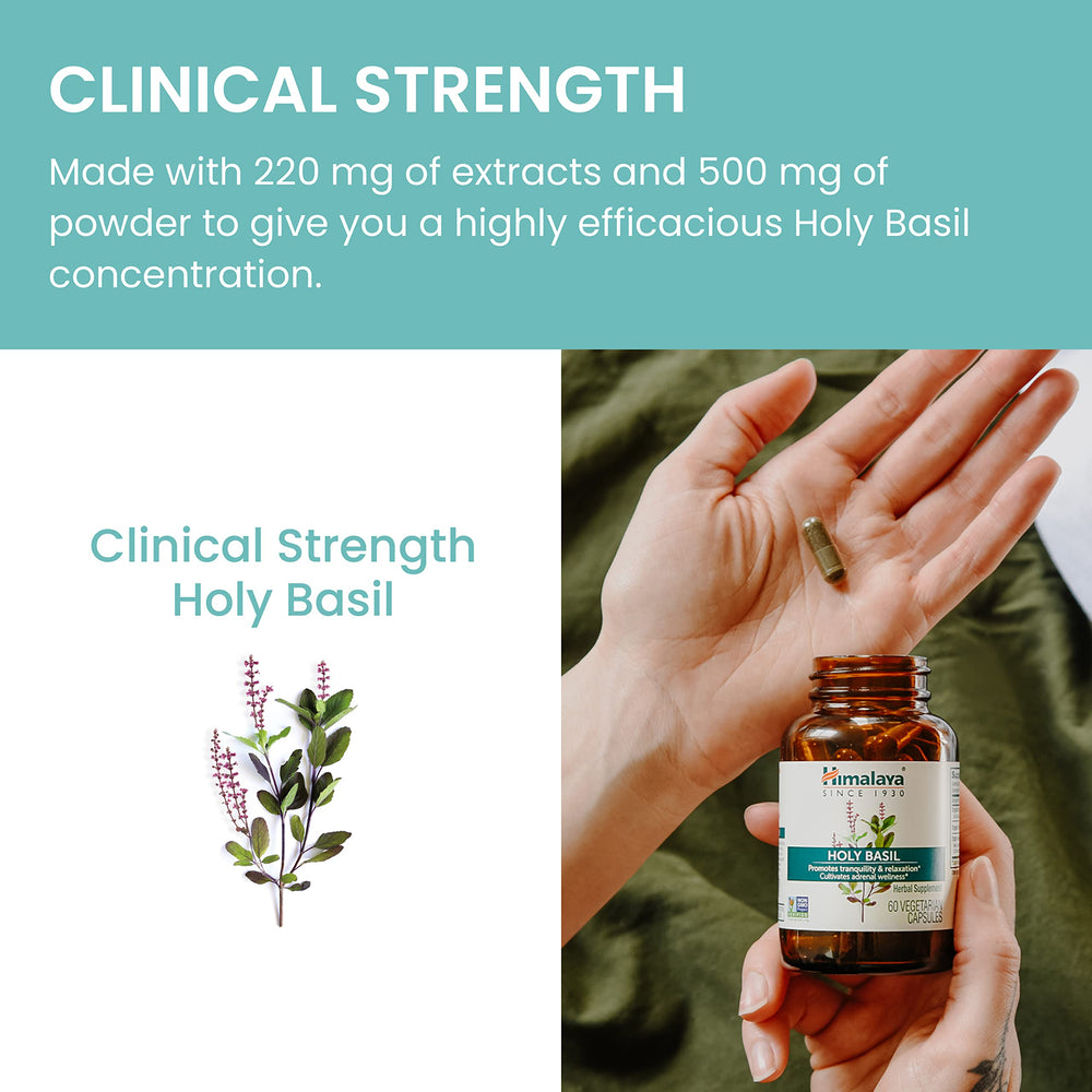 Ingredients panel lists Holy Basil extract and capsule components.