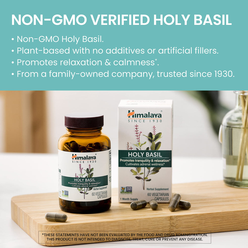 Back label explains Holy Basil extract and allergen-free formula.