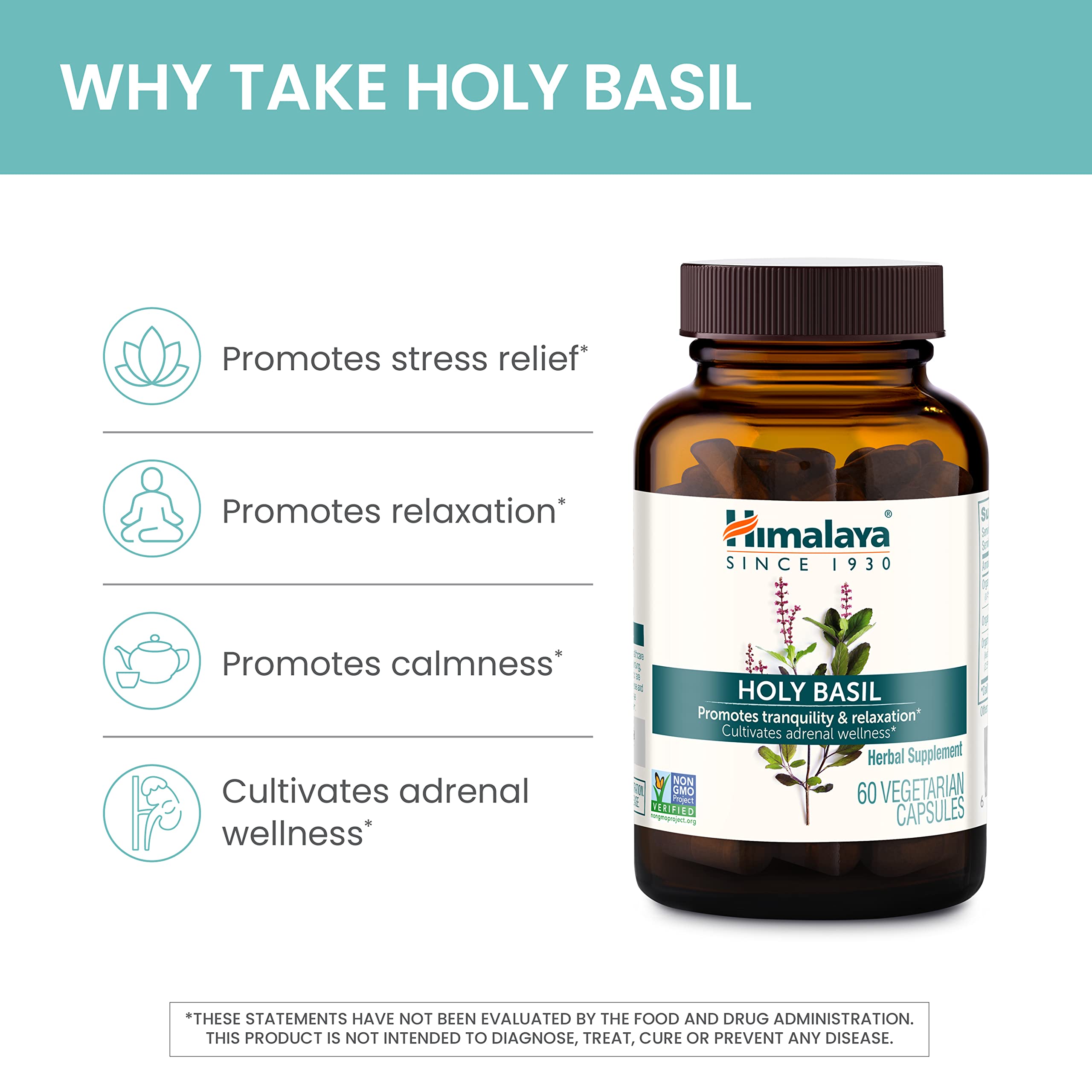 Front label highlights vegan and gluten-free features on Himalaya Holy Basil.
