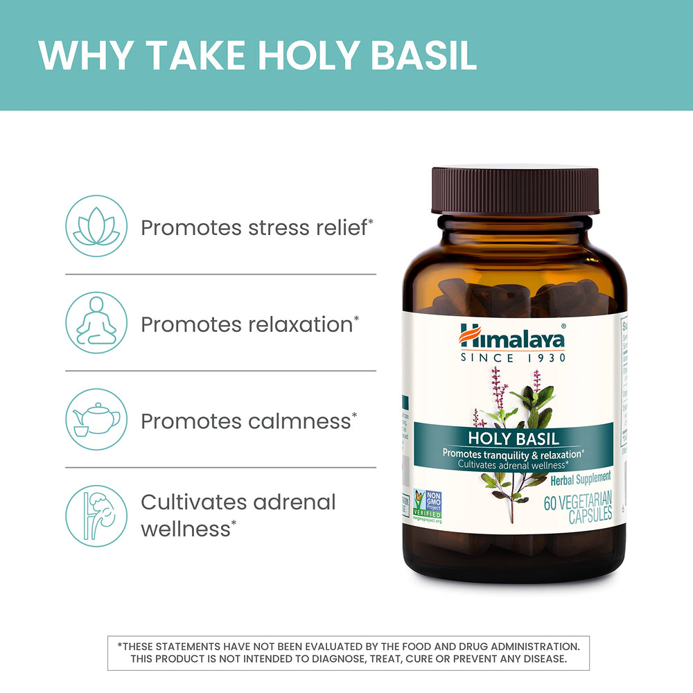 Front label highlights vegan and gluten-free features on Himalaya Holy Basil.