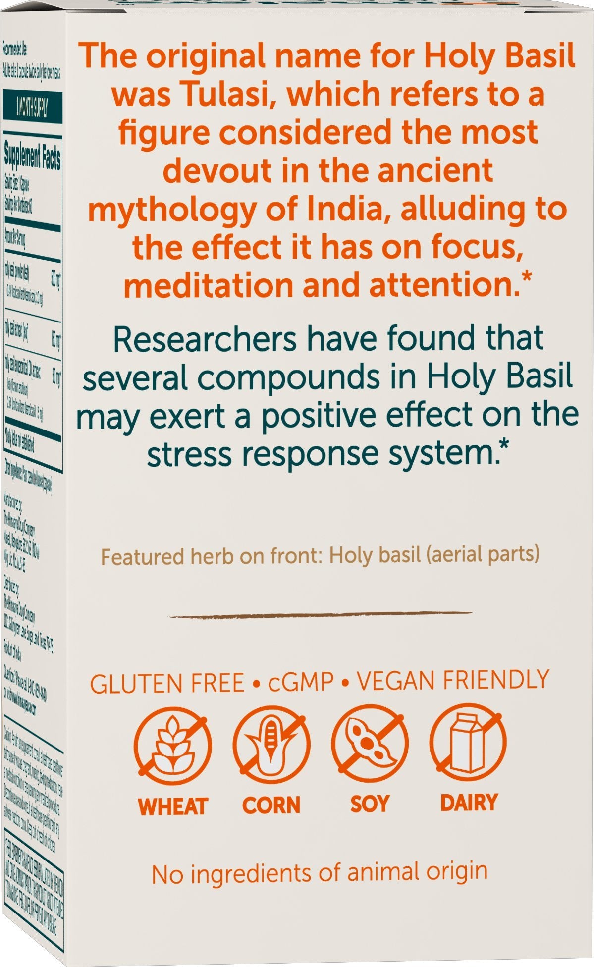 Vegan gluten-free certification icons on Himalaya Holy Basil label.