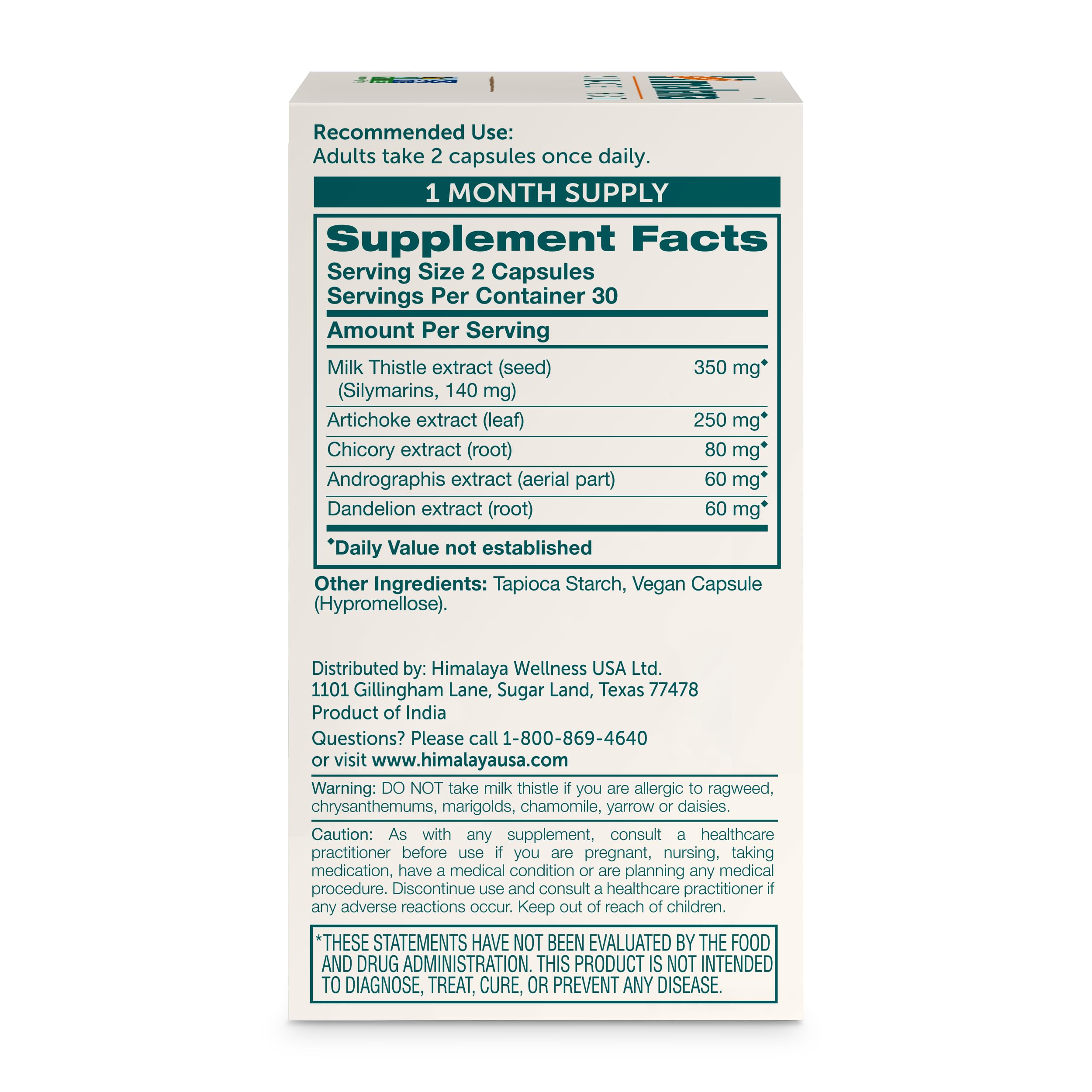 Himalaya Milk Thistle Liver Support ingredients chart highlights artichoke and chicory.