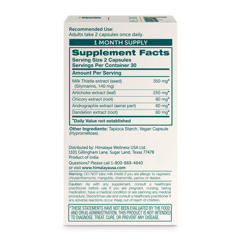 Himalaya Milk Thistle Liver Support ingredients chart highlights artichoke and chicory.