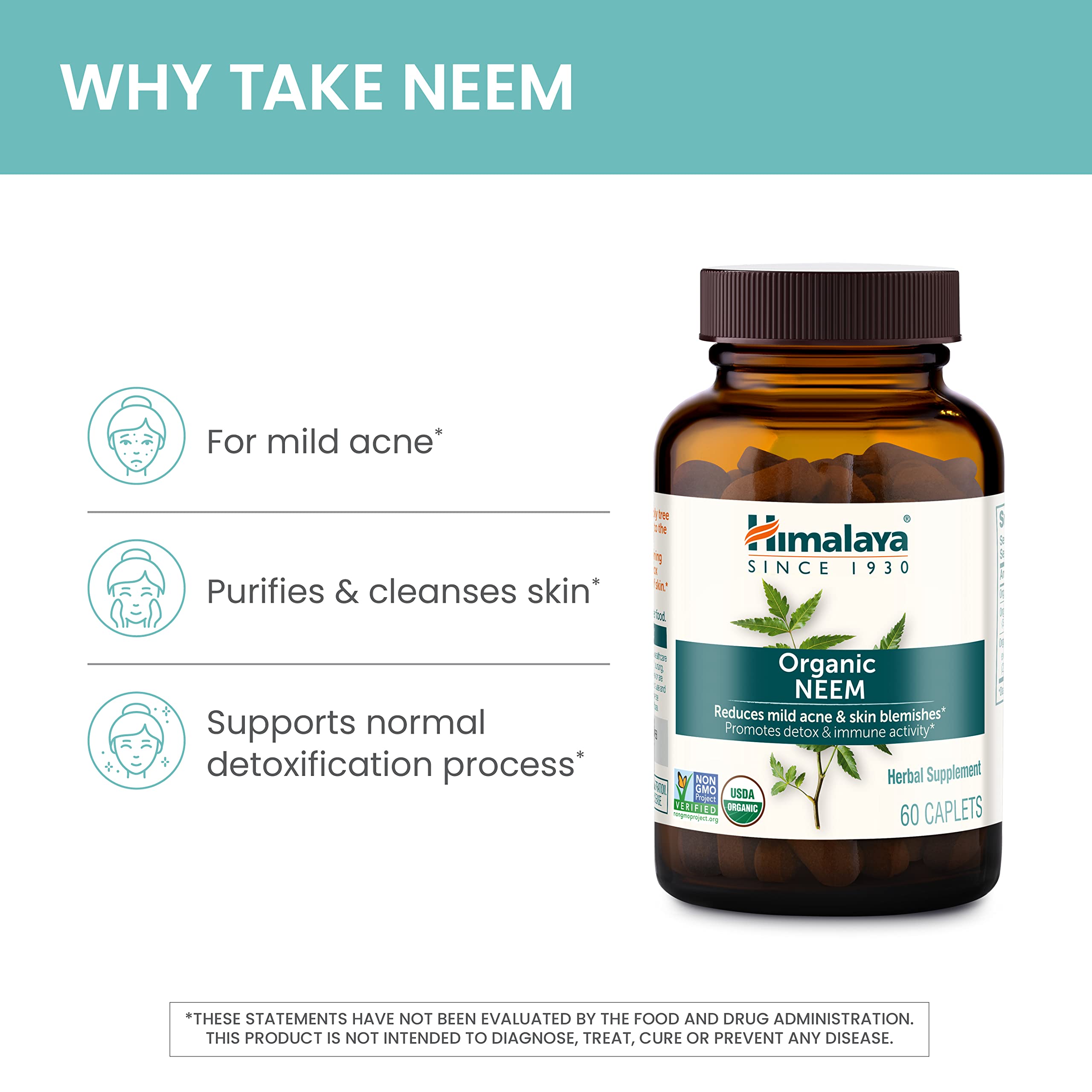 Himalaya Neem bottle with ingredients panel emphasizing purity.