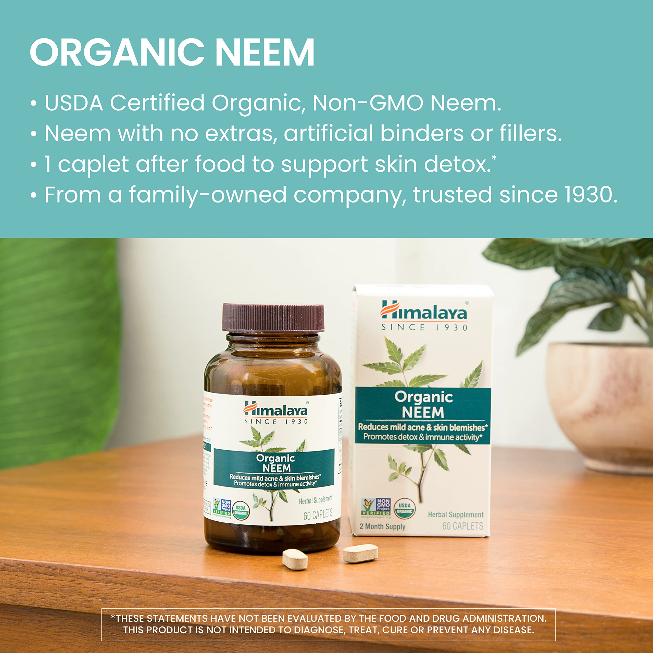 Himalaya Neem label front shows organic, vegan formula for skin support.