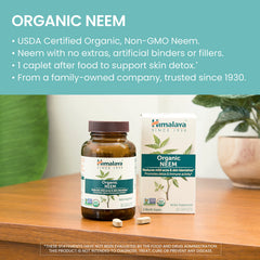 Himalaya Neem label front shows organic, vegan formula for skin support.