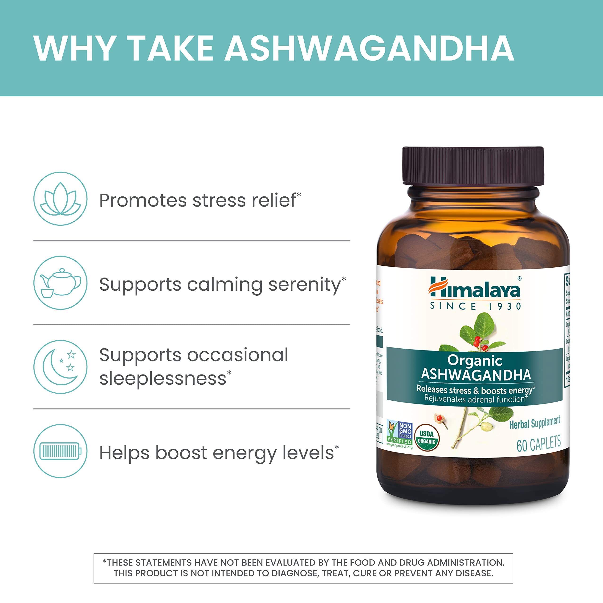 Himalaya Organic Ashwagandha root label emphasizing gluten-free, vegan capsules.